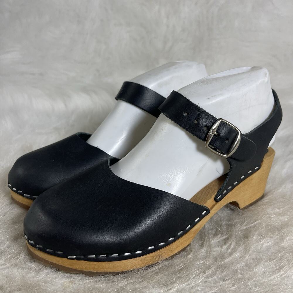 Moheda Toffeln Swedish Clogs Women’s EU 38 Black Leather Wood Heel Buckle